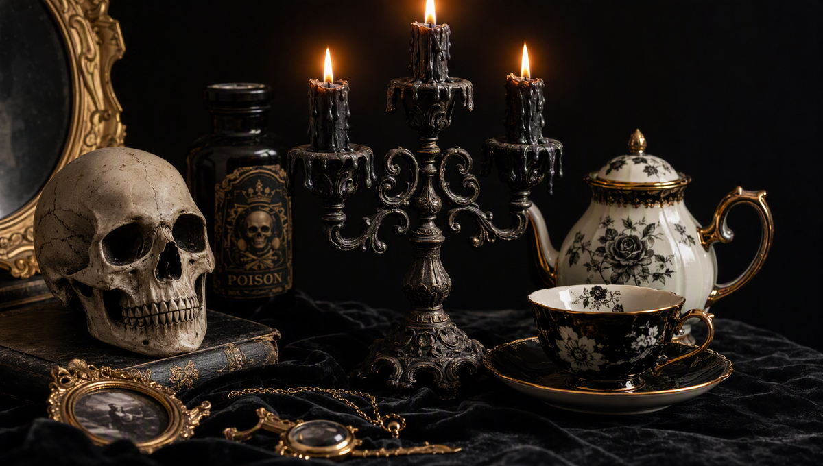 Skeleton key and intertwined thorn vines symbolizing curated gothic cohesion