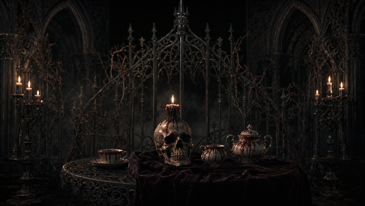 A candlelit gothic room draped in dark velvet with a skull centerpiece on an ornate table
