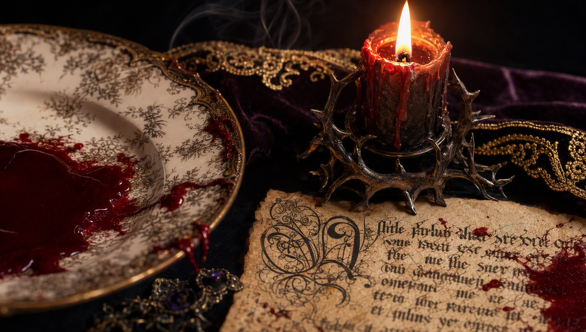 Close-up of dripping blood-red wax on bone china beside thorny iron candleholders and antique parchment with gothic calligraphy